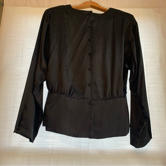 Long Sleeve Black Satin Blouse w/ Peplum Hem Buttons Up The Back Size 12 - Picture 8 of 11